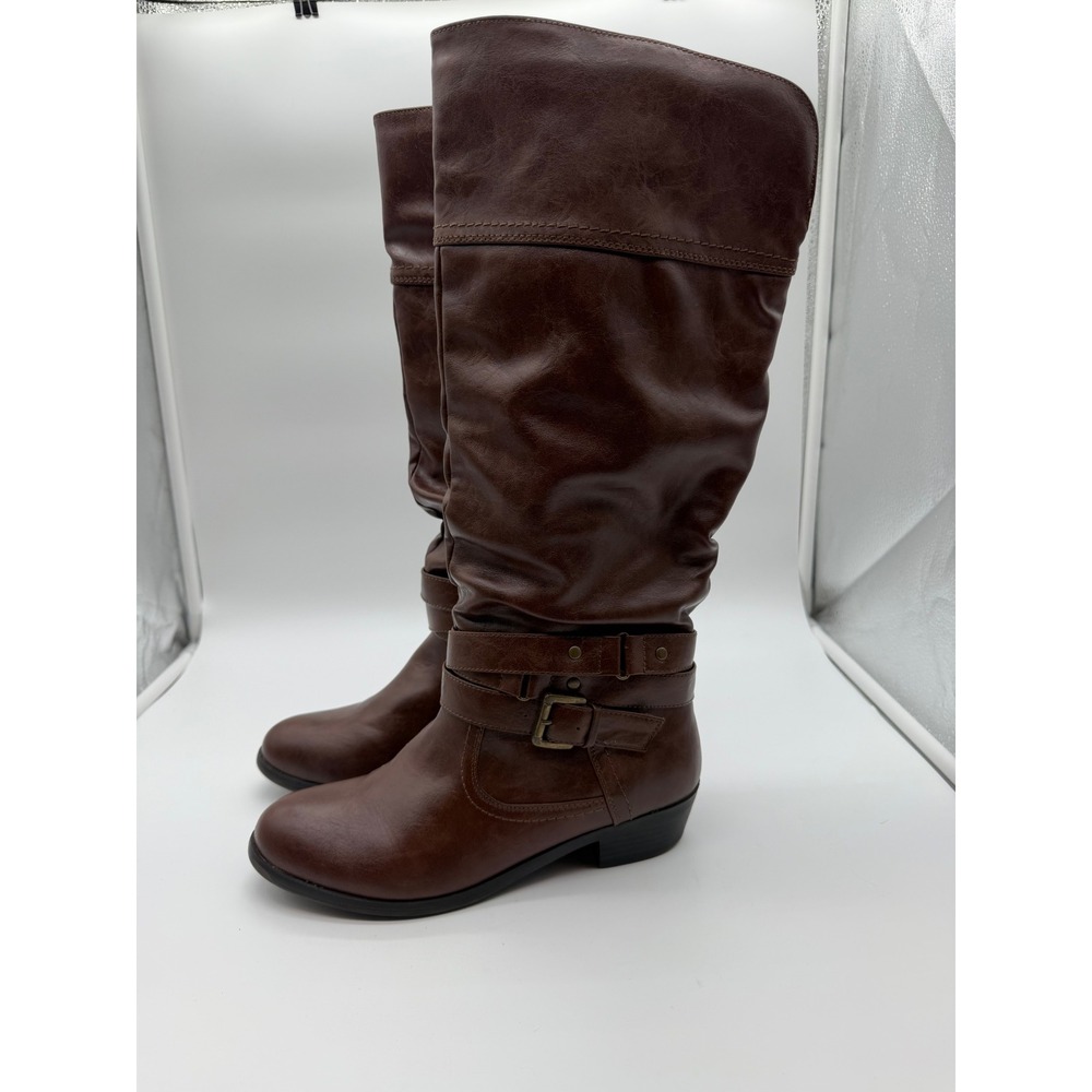 SM New York Brown Slouchy Knee High Boots Women 9M Buckle Strap Low Heel